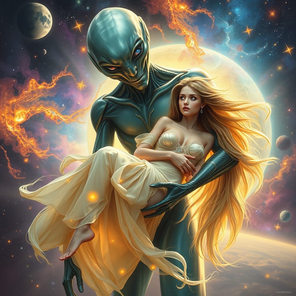 Enigmatic Alien Guardian in a Dreamy Cosmic Landscape