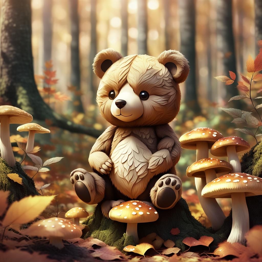Teddy Bear on Mushroom in Anime Style