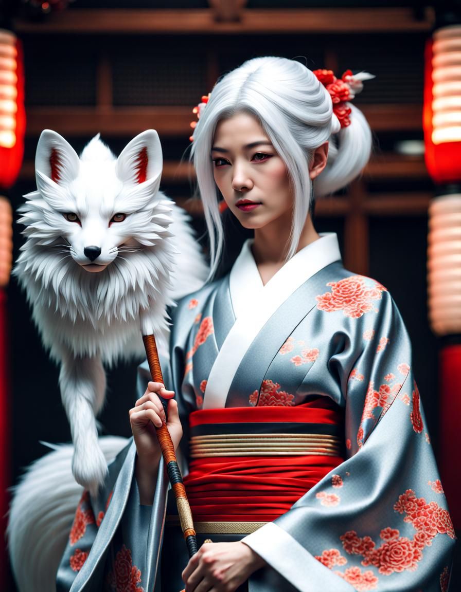Kitsune Woman in Kimono: Hyperrealistic 64 Megapixel Image
