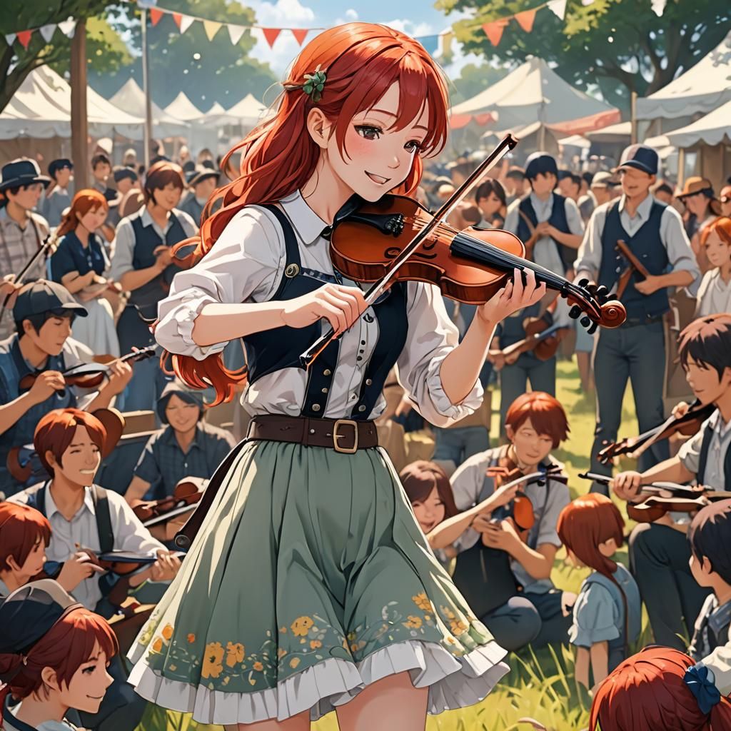 Red-Haired Girl Fiddling in Anime Style