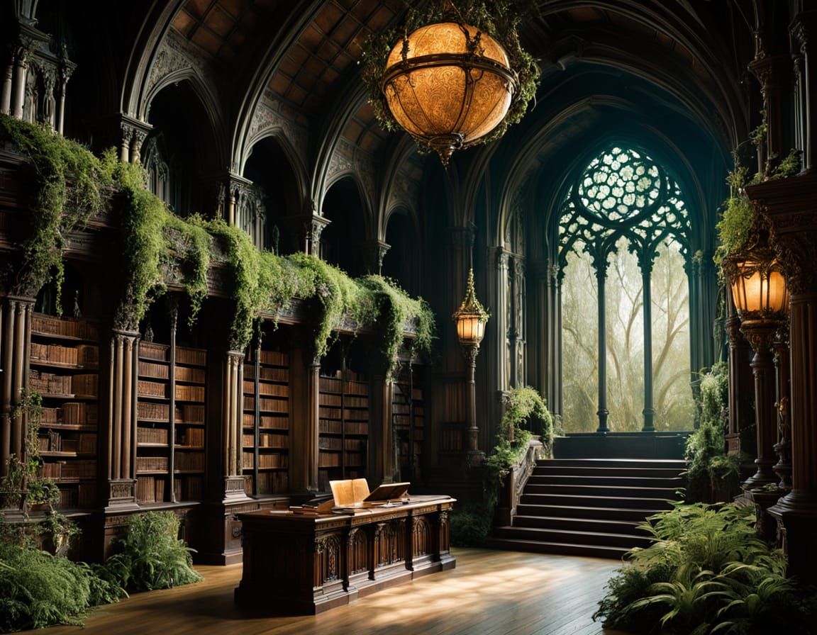 Dreamlike Ancient Monastery Library in Noctilucent Hues