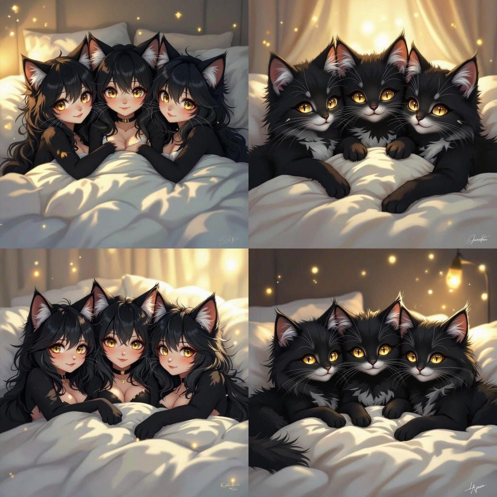 Three Flirty Catgirls in Bed: Digital Painting