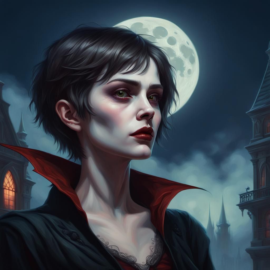 Gothic Vampire Queen in Moonlight, Hyperrealistic Digital Ar...