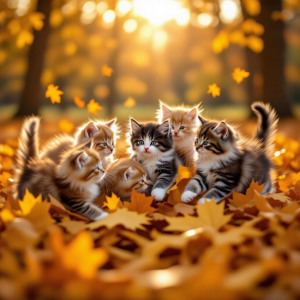 Fluffy Kittens Play in Golden Autumn Leaves