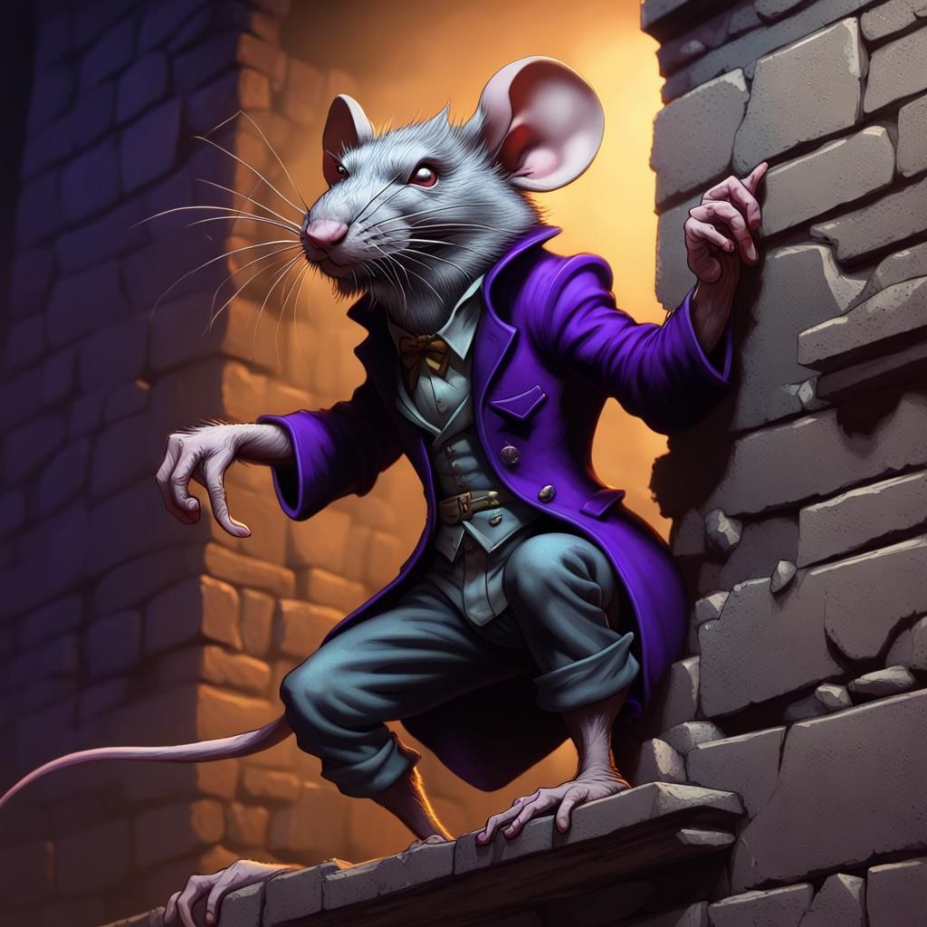 Villainous Rat Musician Climbing Wall in Dark Fantasy Art