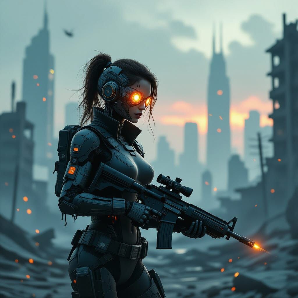 Cyborg Woman in Post-Apocalyptic Cyberpunk Cityscape