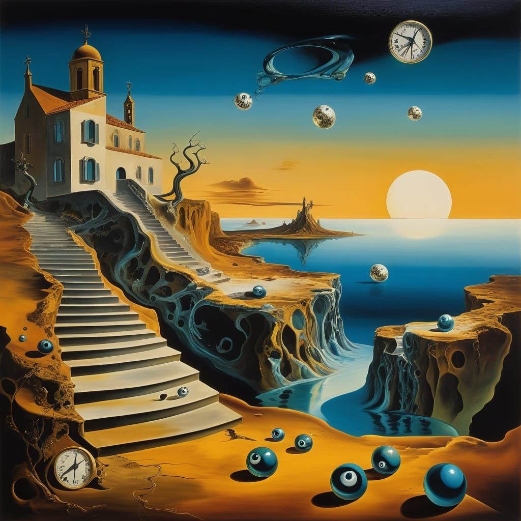 Surreal Dreamscape with Drifting Eyeballs and Melting Clocks