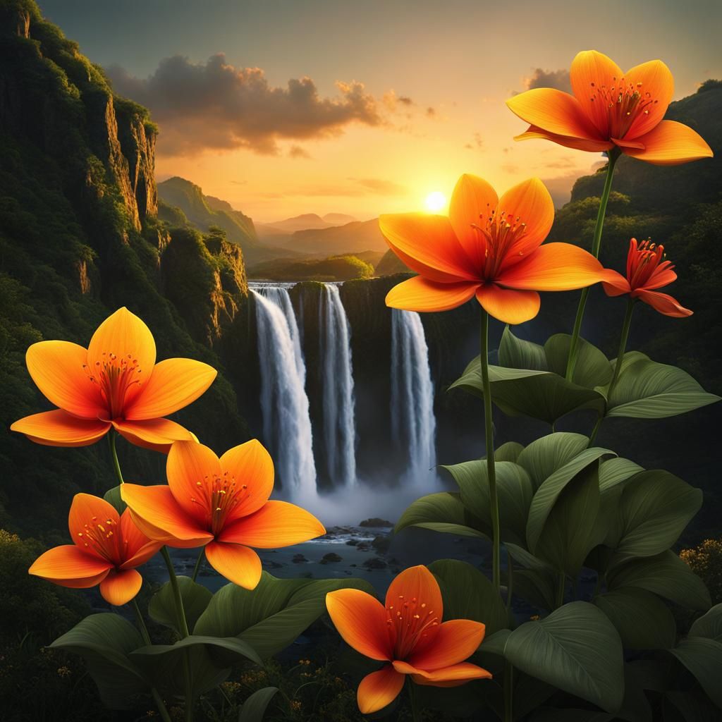 Realistic Flower with Waterfall Sunset, 4K