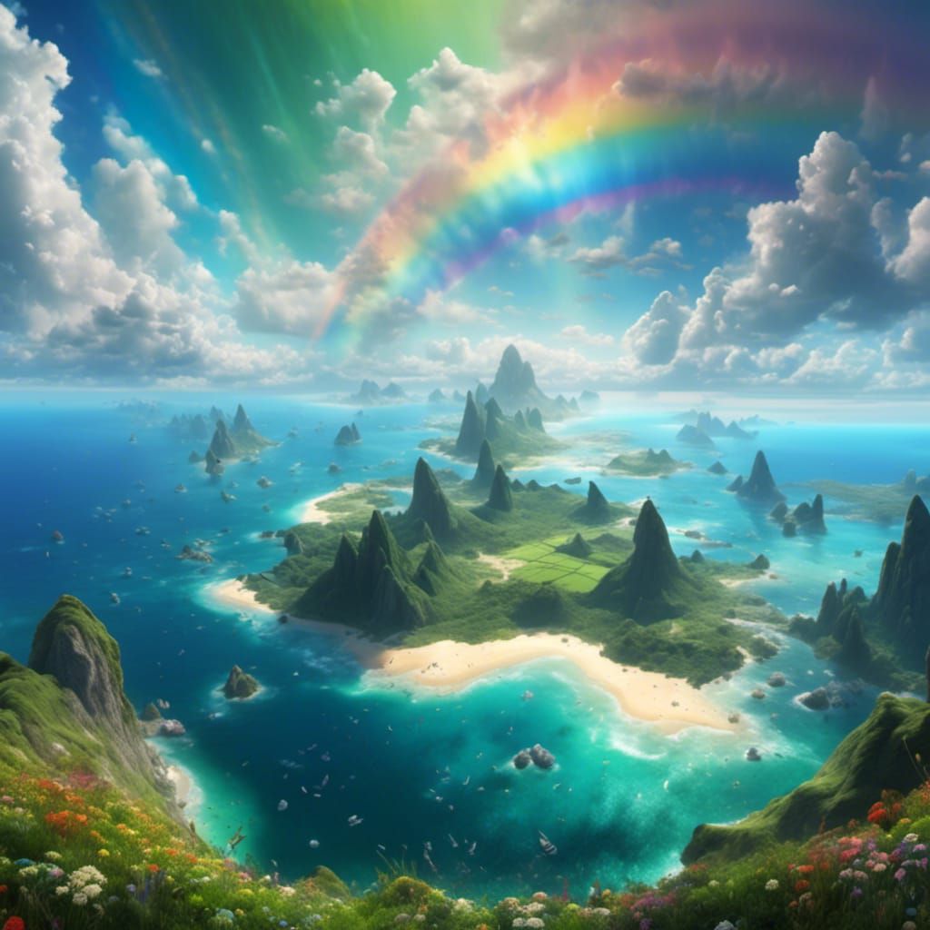 Rainbow Coastline with Aurora and Flower Field