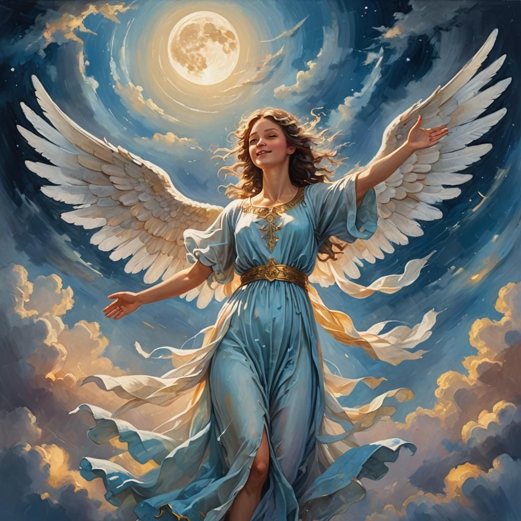 Radiant Angel Under Moonlight, Expressive Oil Painting