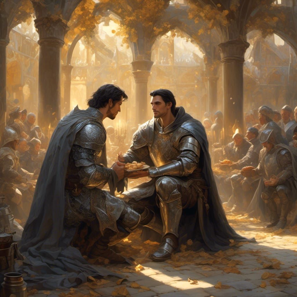 Medieval Homage Scene in Sunlit Hall