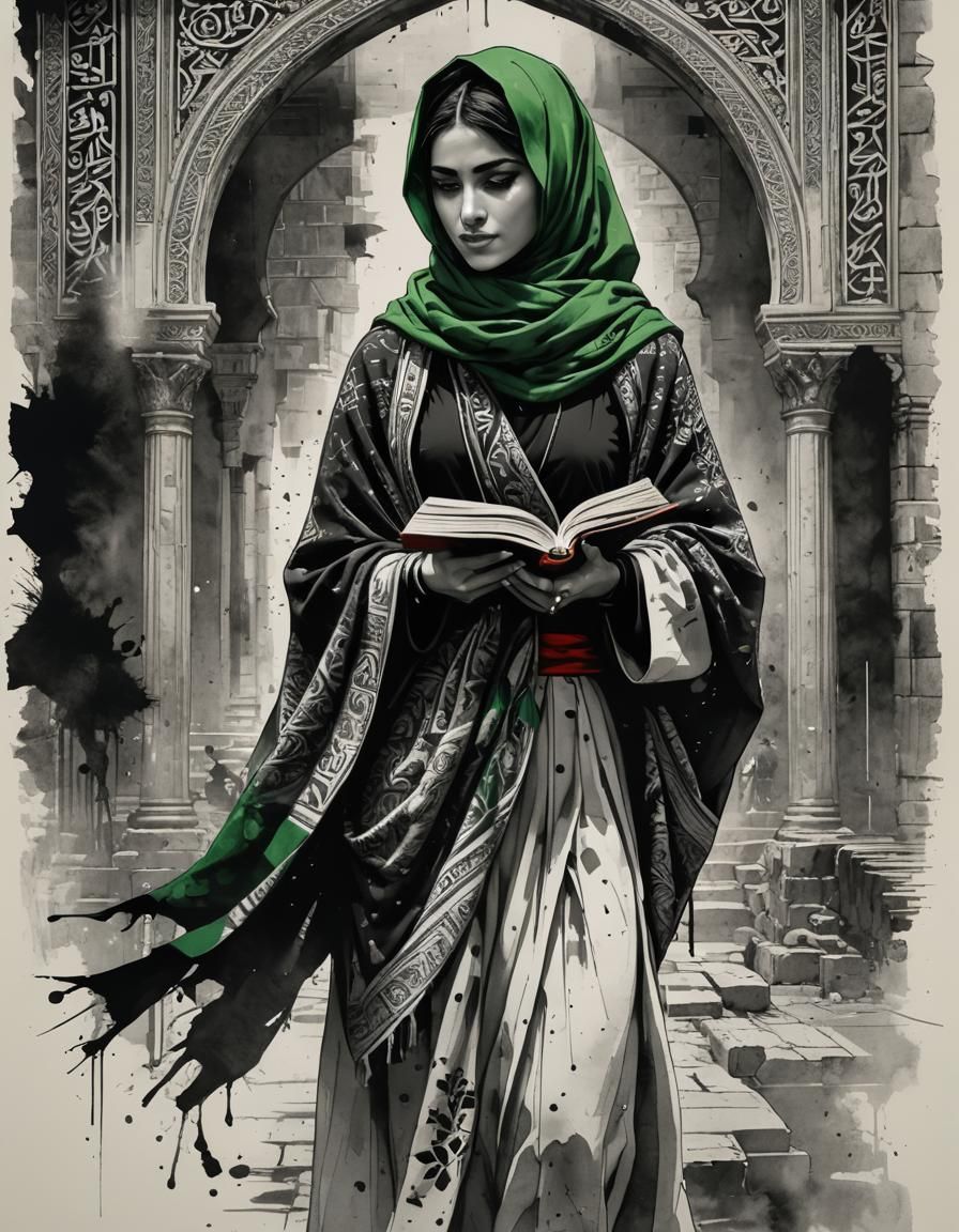 Palestinian Woman Portrait with Shawl in Ink Drawing Style