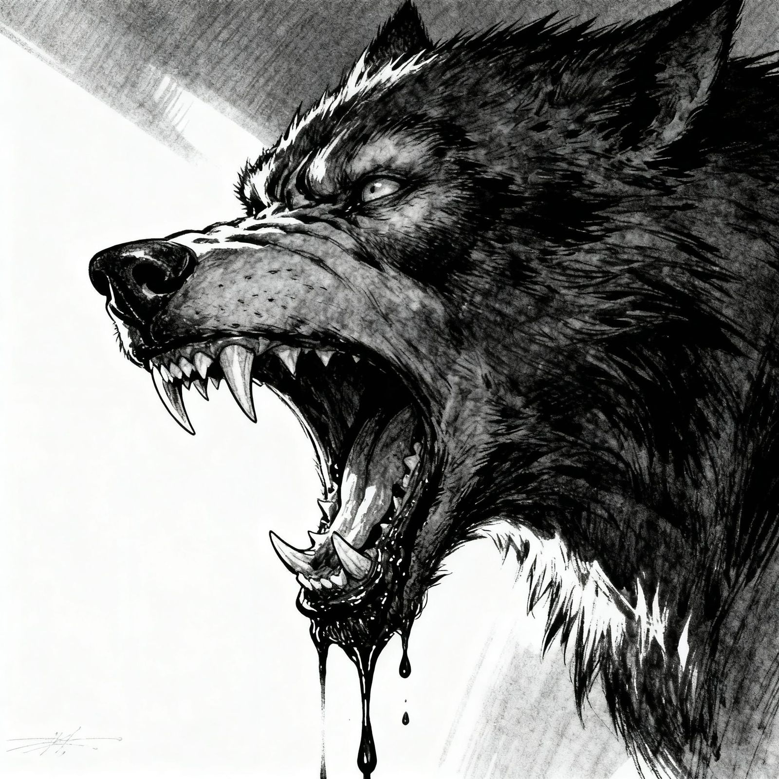 Fearsome Werewolf Face Sketch in Black and White