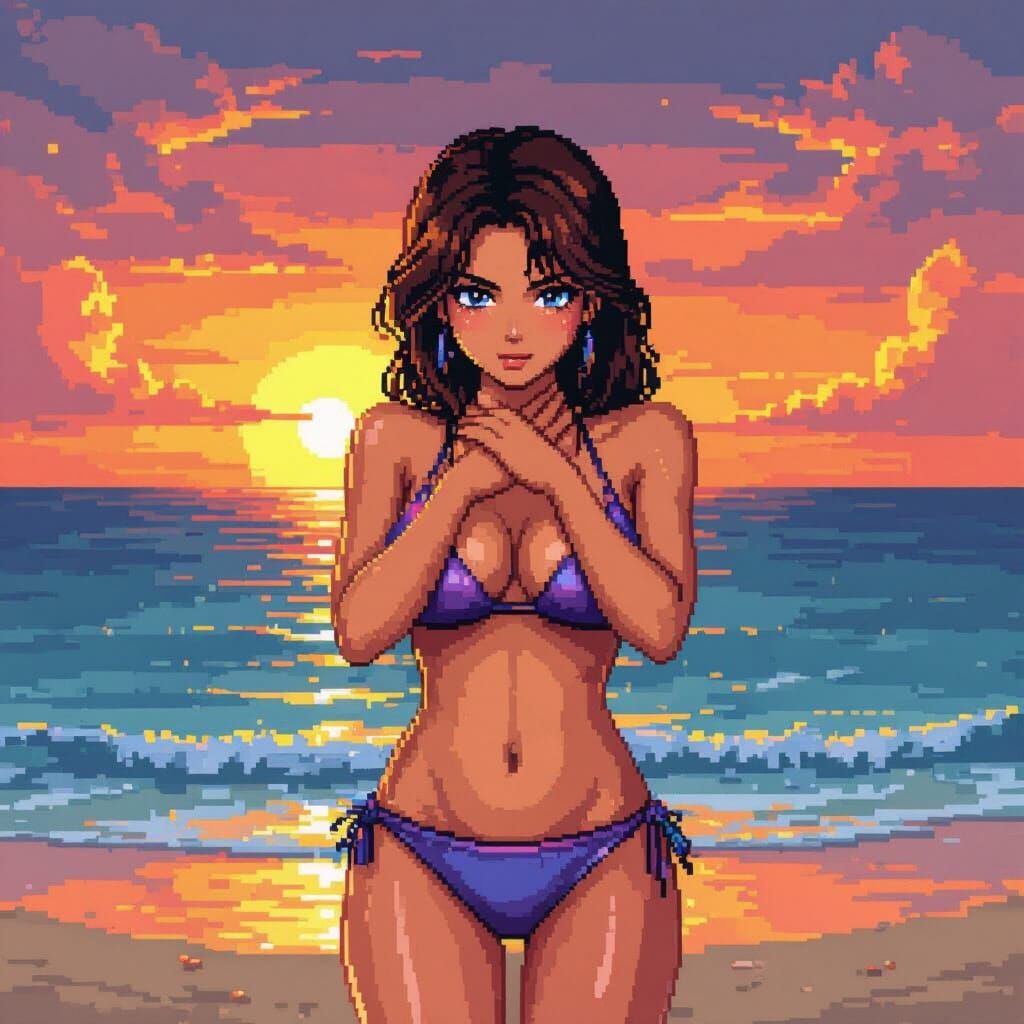 Pixel Art Woman on Beach at Sunset