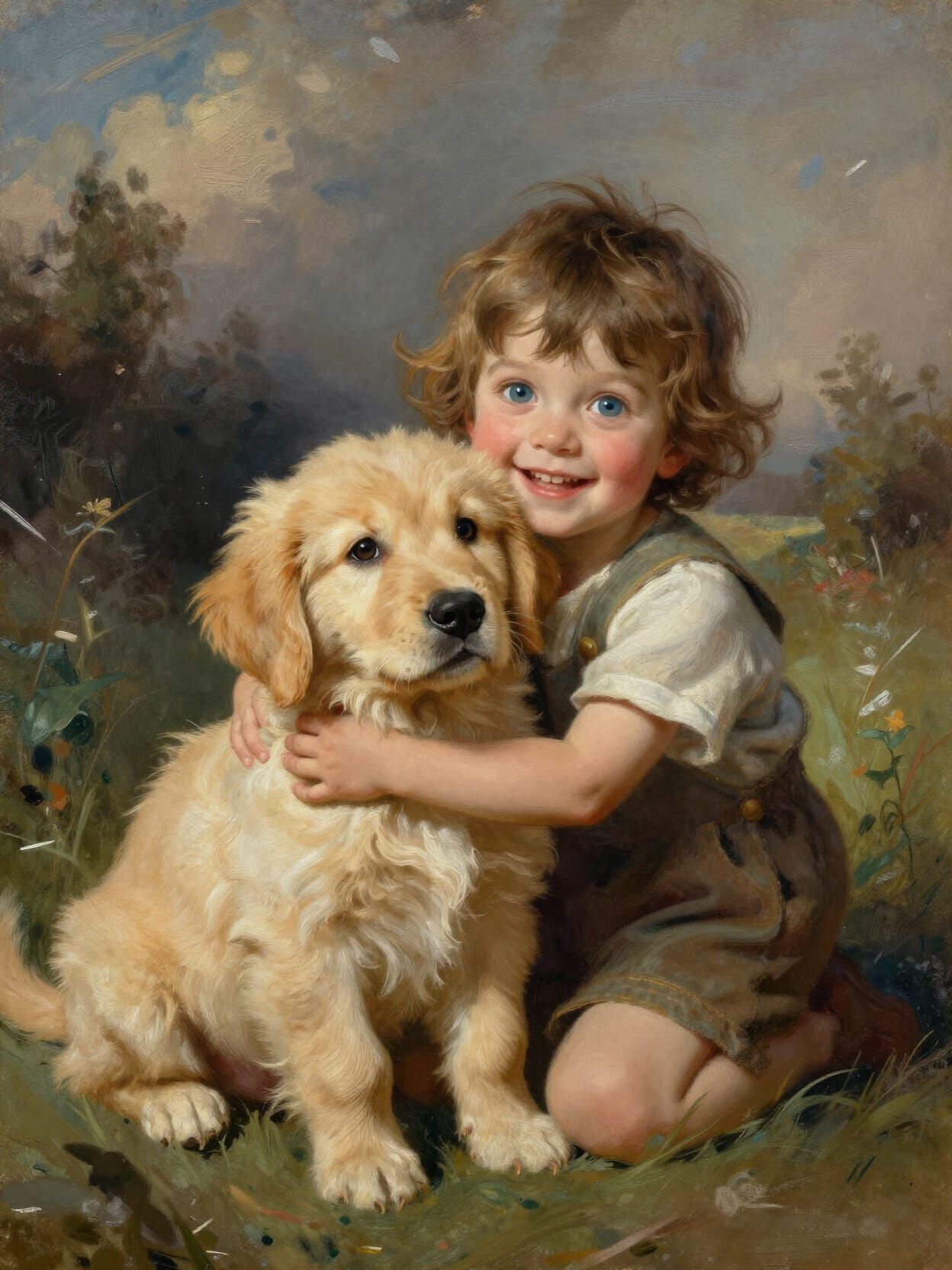 Child and Puppy Embrace in Goya-Inspired Fantasy Sketch