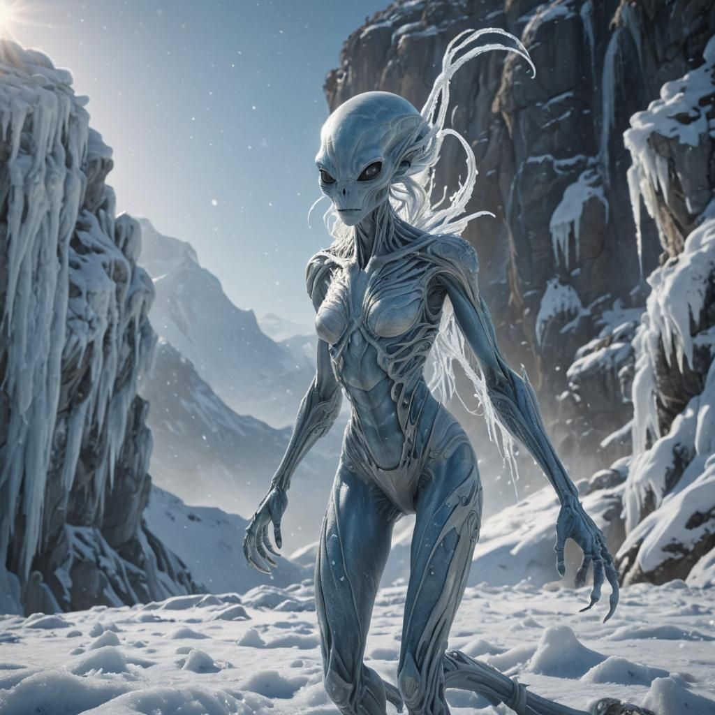 Icy Alien on Frozen Cliff in Cinematic Style