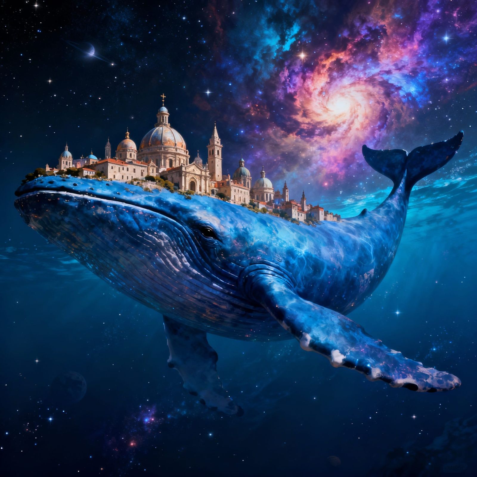 Cosmic Blue Whale City in Deep Space Fantasy Art
