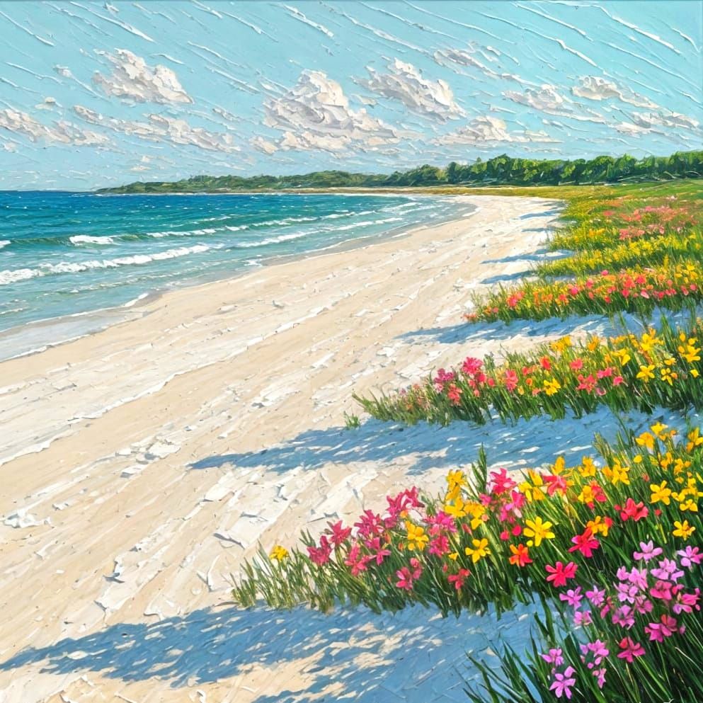 Sunny White Sand Beach With Colorful Wildflowers