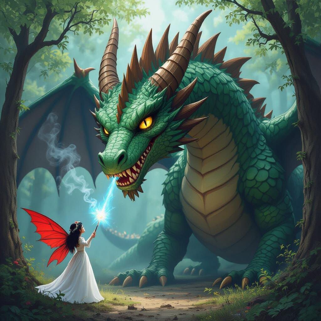 Green Dragon in Oak Forest with Fairy, Mystical Realism