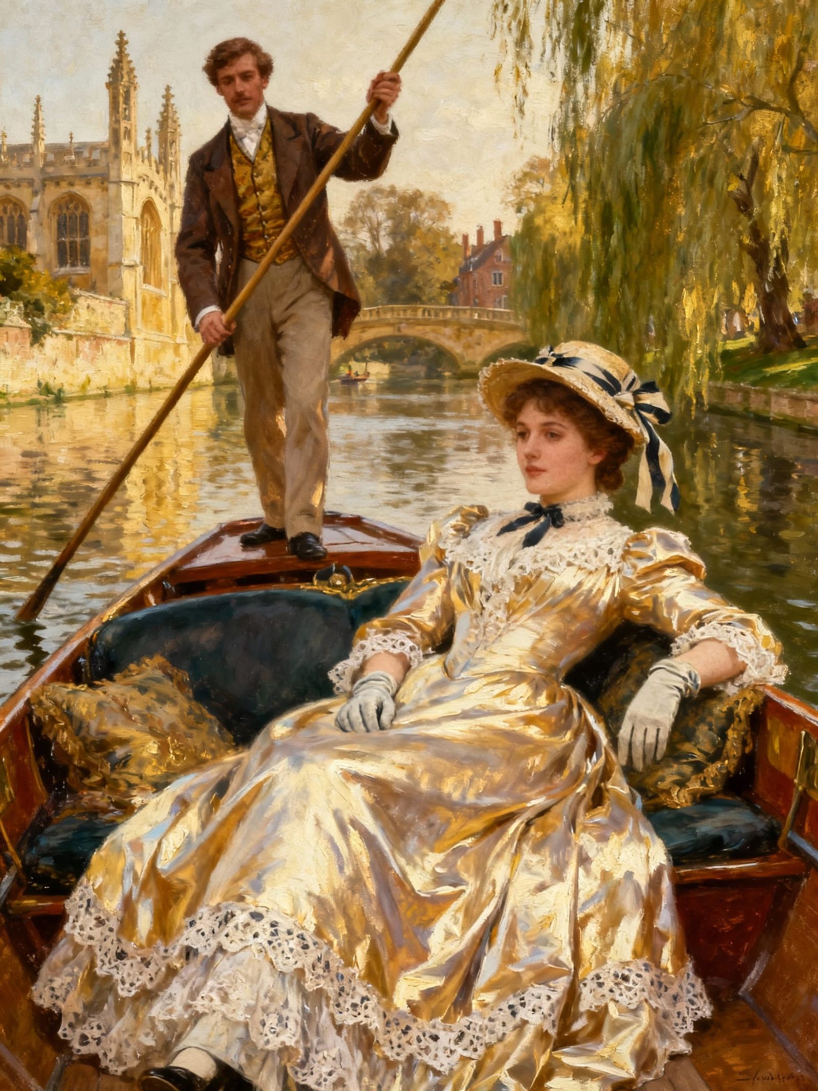 Victorian Couple Enjoying a Punt on Cambridge Canal, Oil Pai...