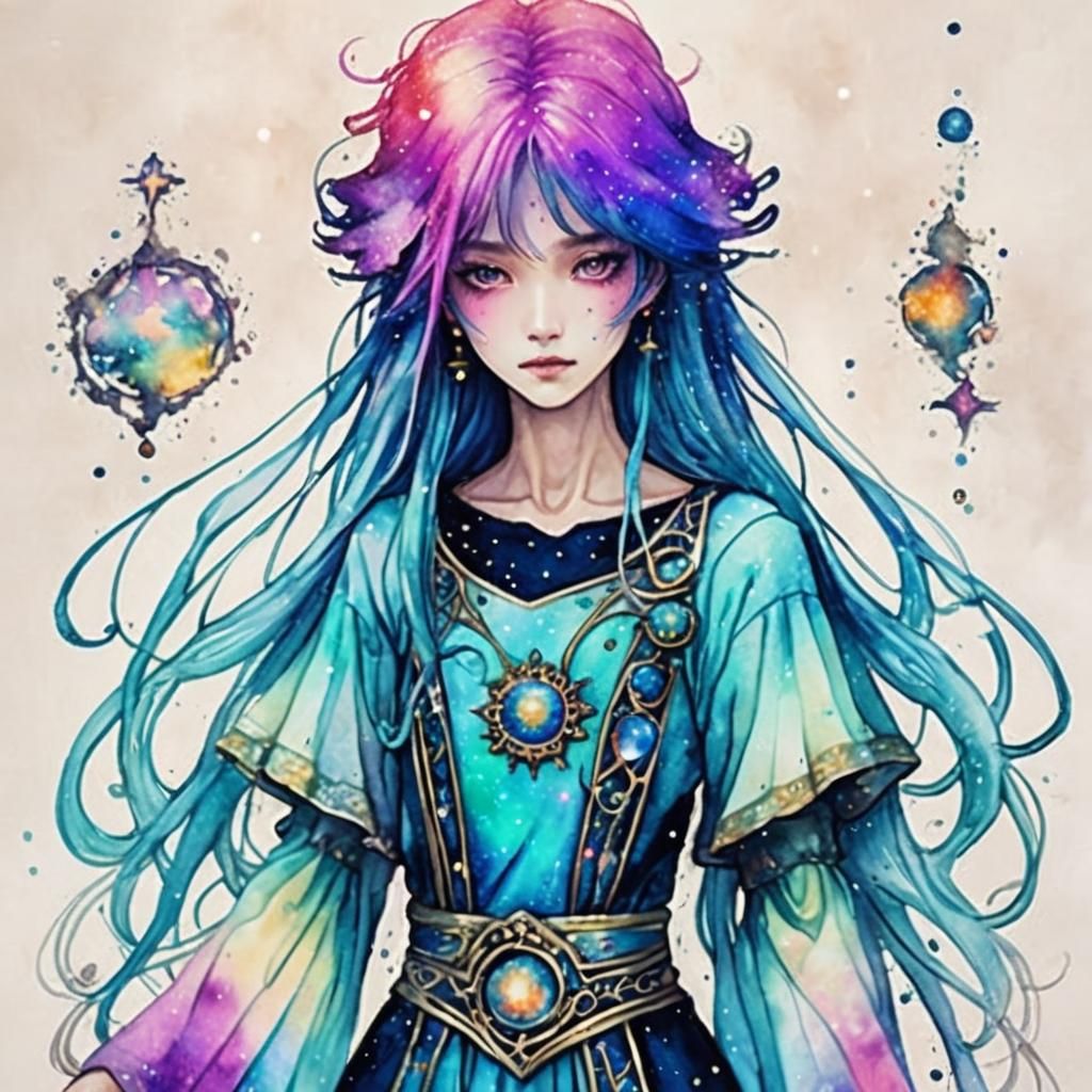Ethereal Woman Levitation in Swirling Galaxy, Watercolor Sty...