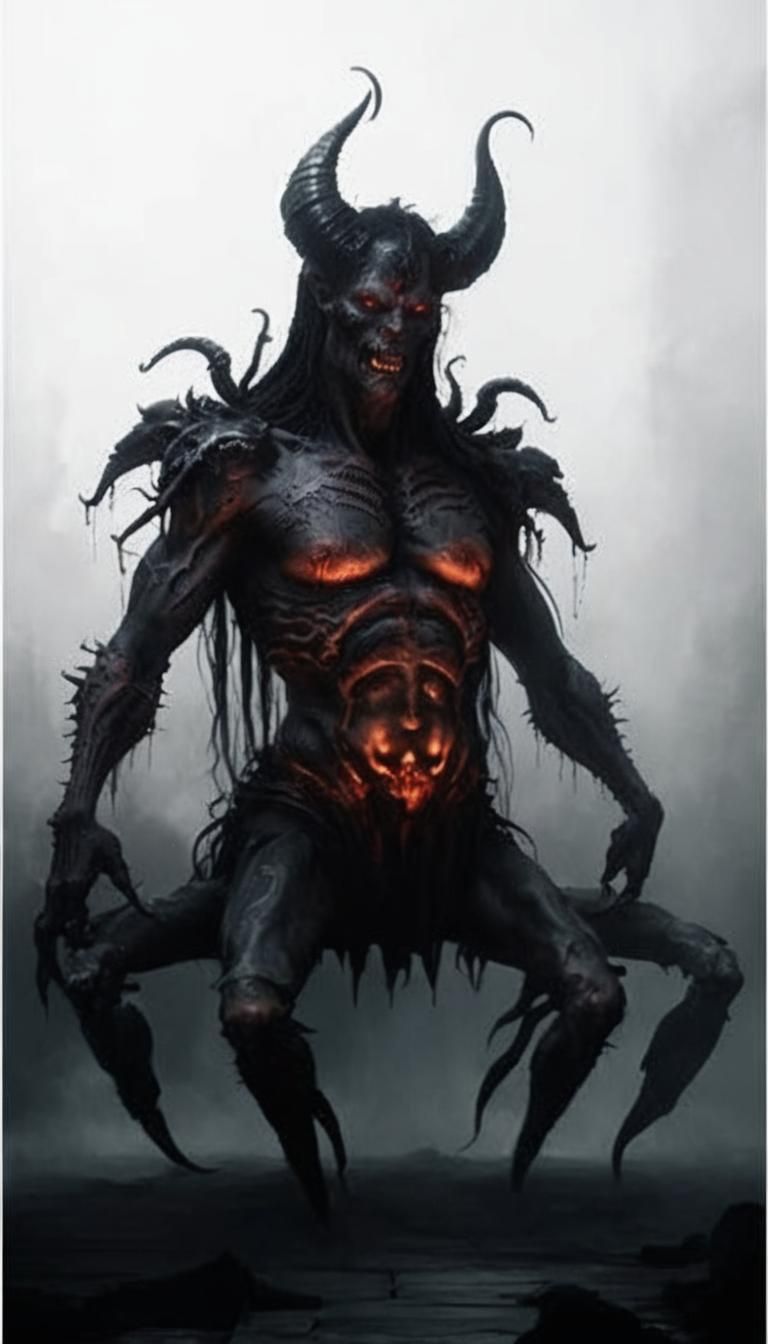 Obese Hell Demon with Tattoos on Throne