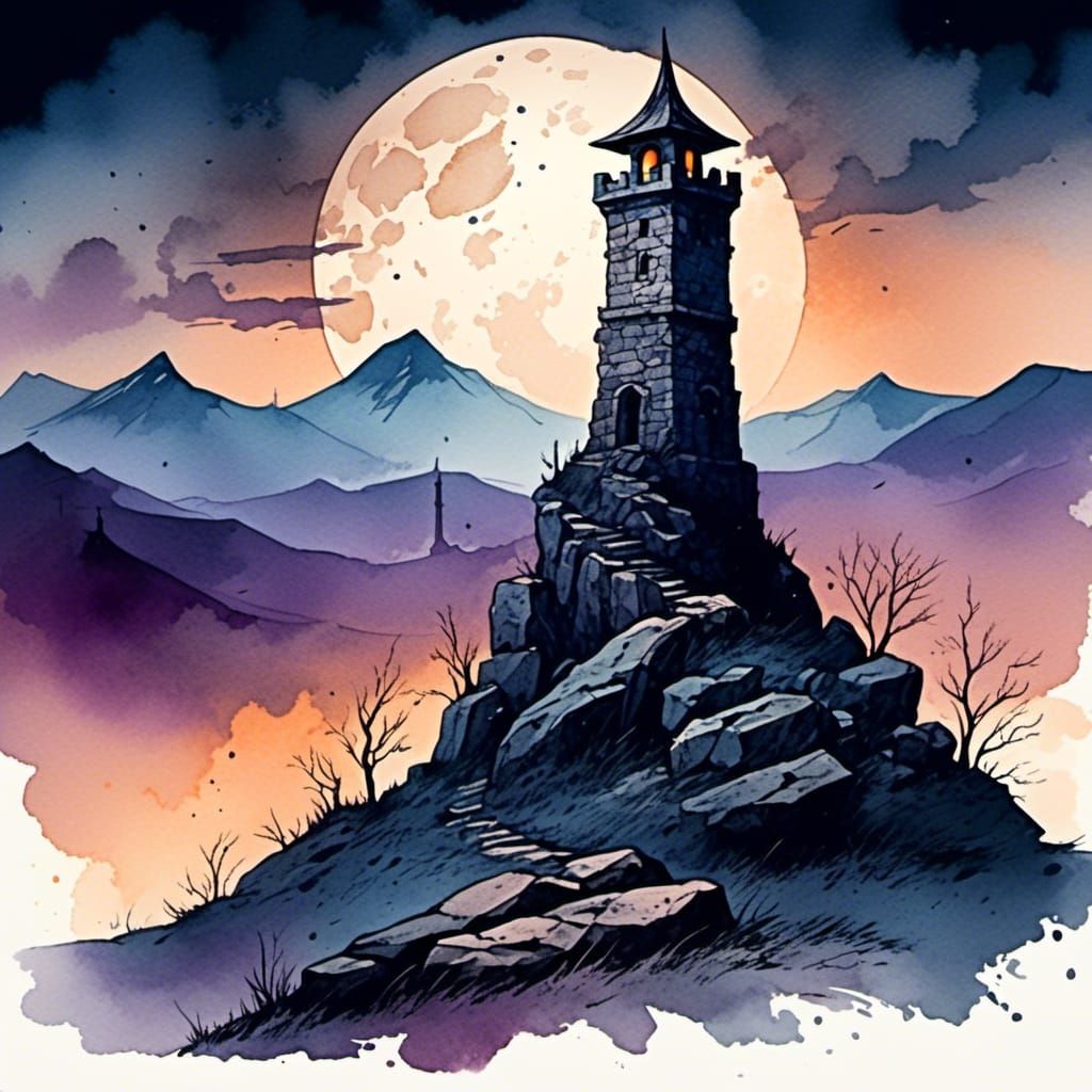 Stone Tower on Windswept Hill in Watercolor Style