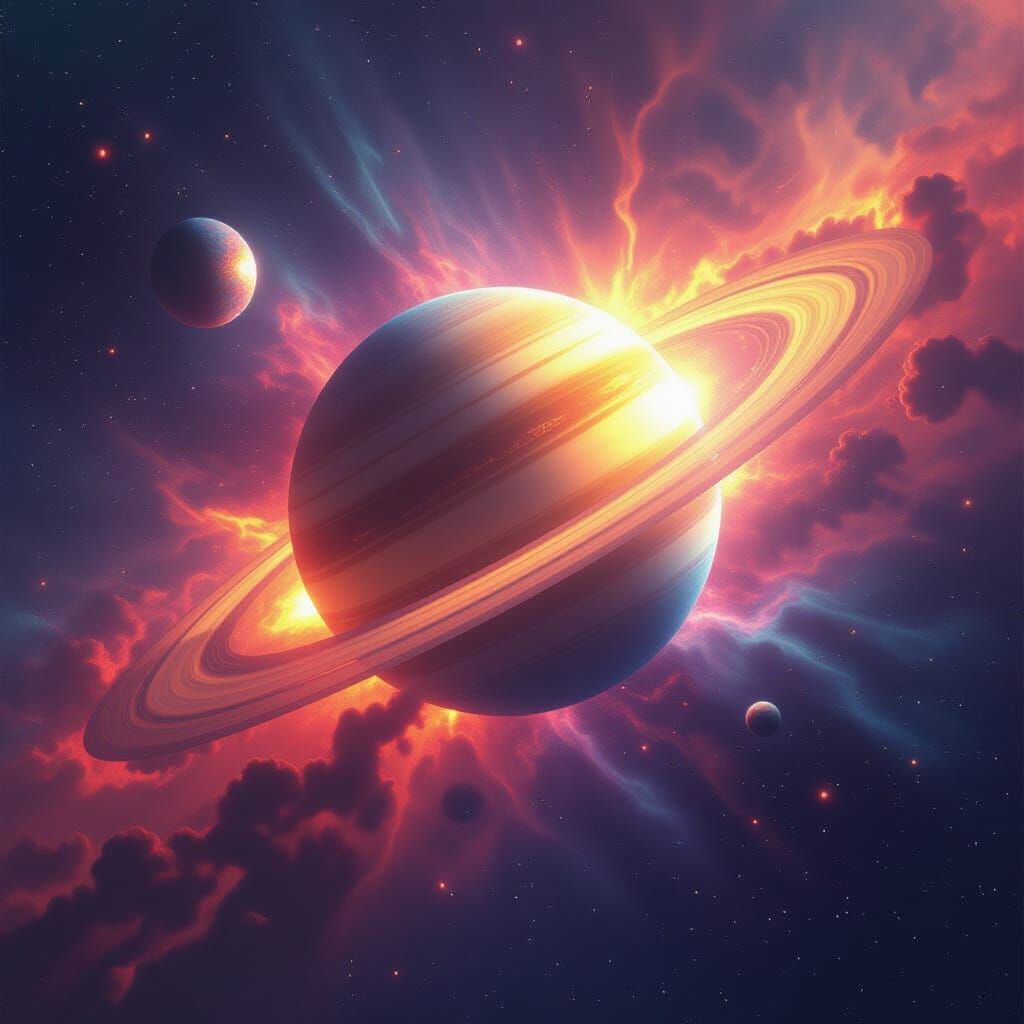 Saturn Engulfed by Supernova in Cosmic Impressionist Style
