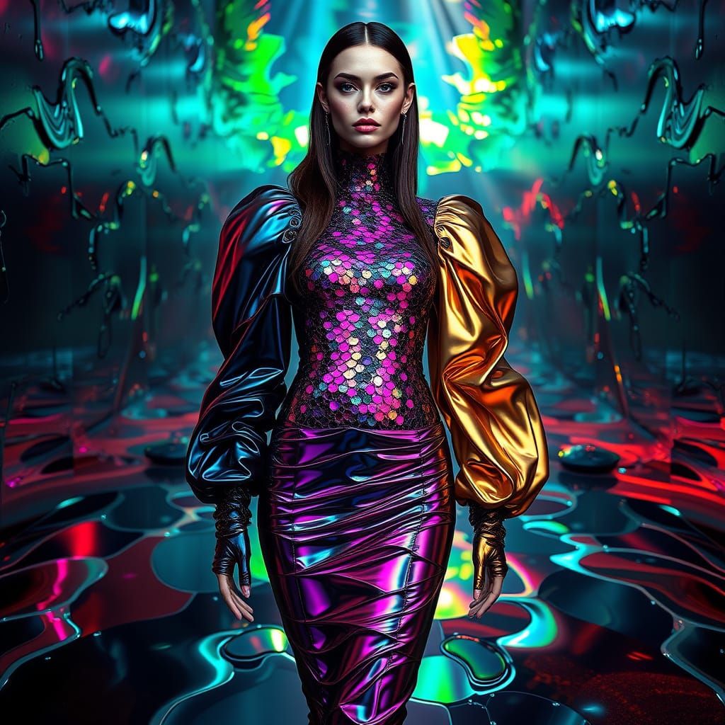 Model in Cyber Baroque Iridescent Couture Dress