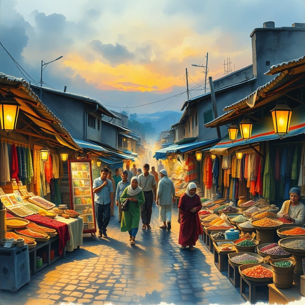 Golden Hour Village Market Scene in Whimsical Watercolor Sty...