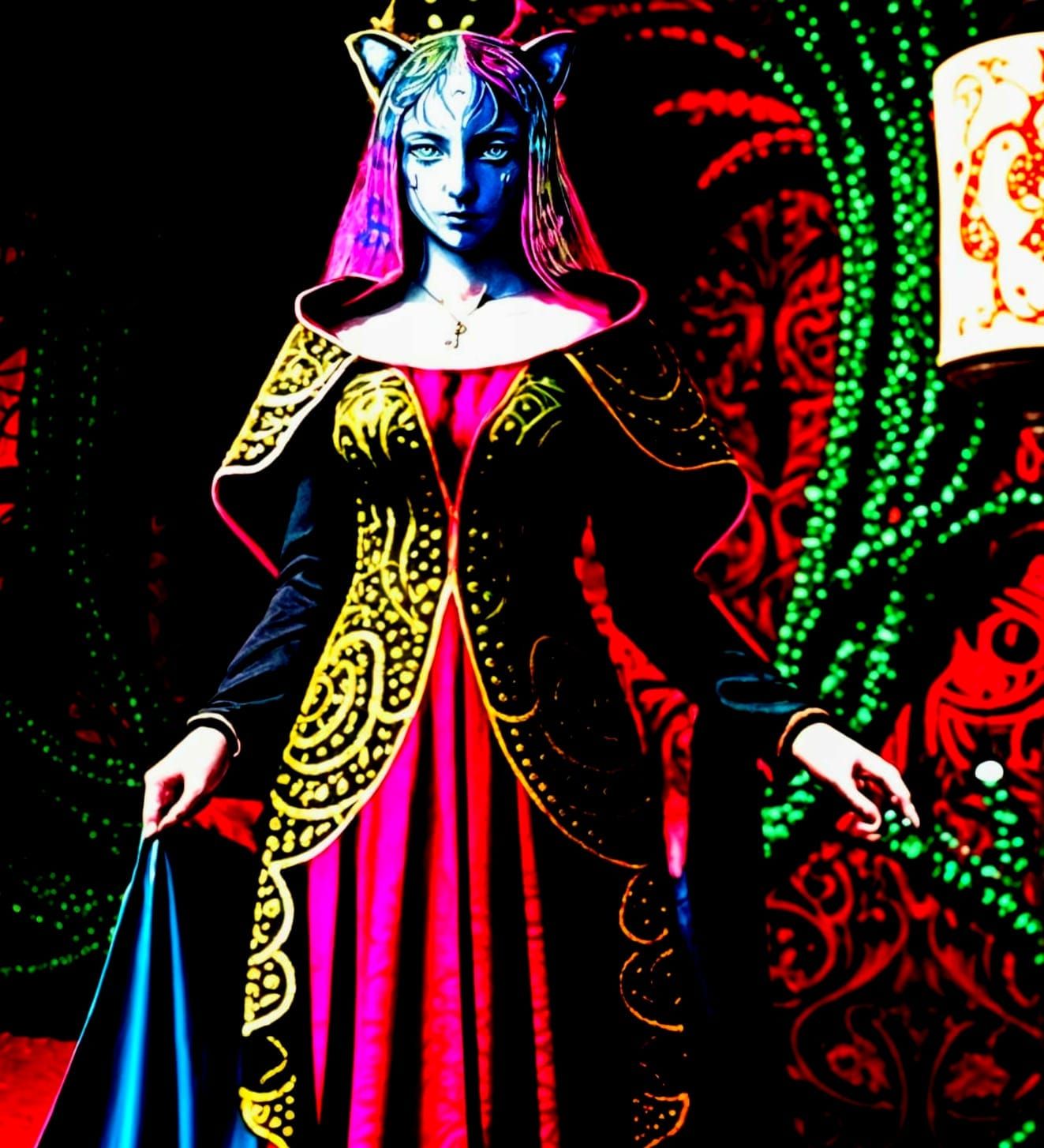 Neon Medieval Manuscript Cats in a Vibrant, Psychedelic Real...