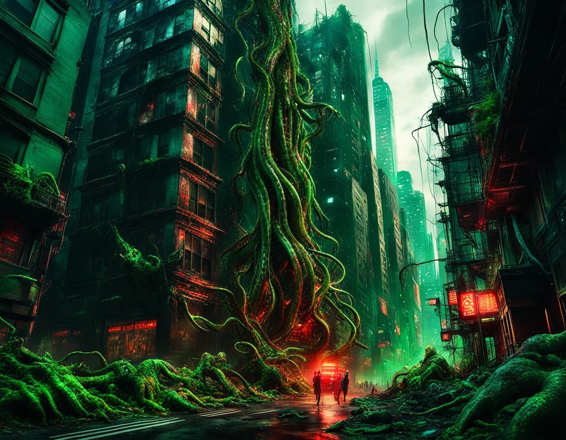 Macabre Cronenberg Monster in Ruined Neon City