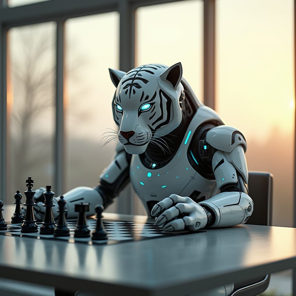 Sleek Robot Tiger Plays Chess in Modern Space
