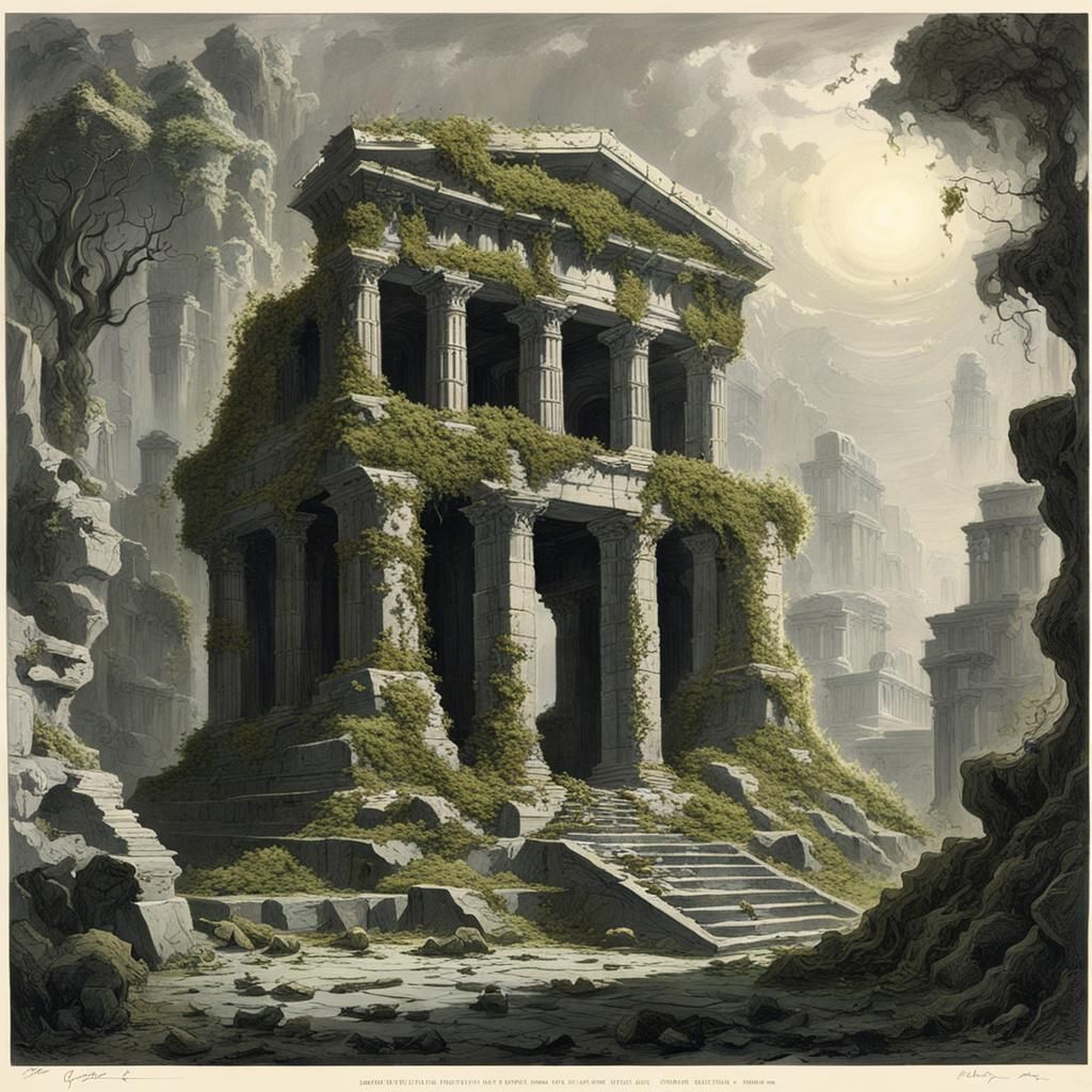 Futuristic Ancient Greek Ruins in Dark Fantasy Style