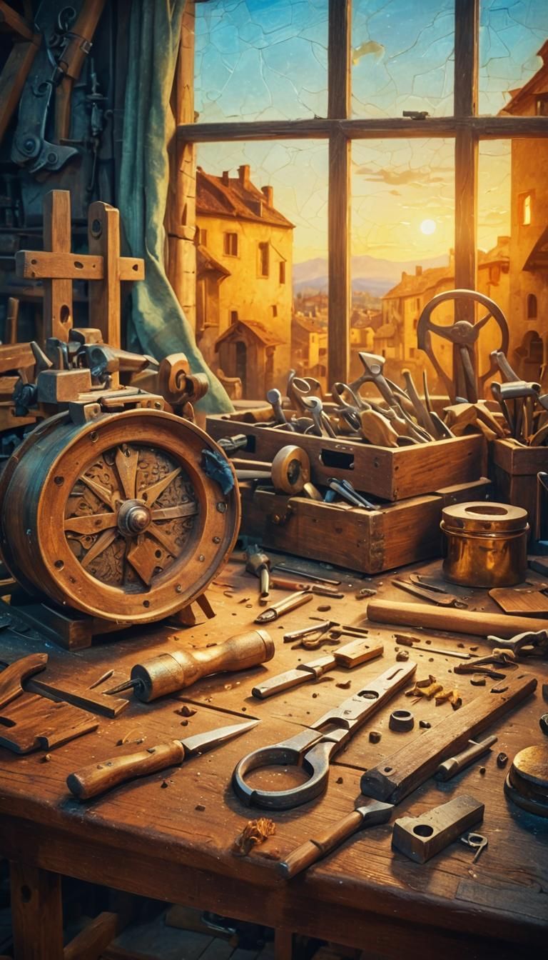 Renaissance Workshop with Tools in Da Vinci Style