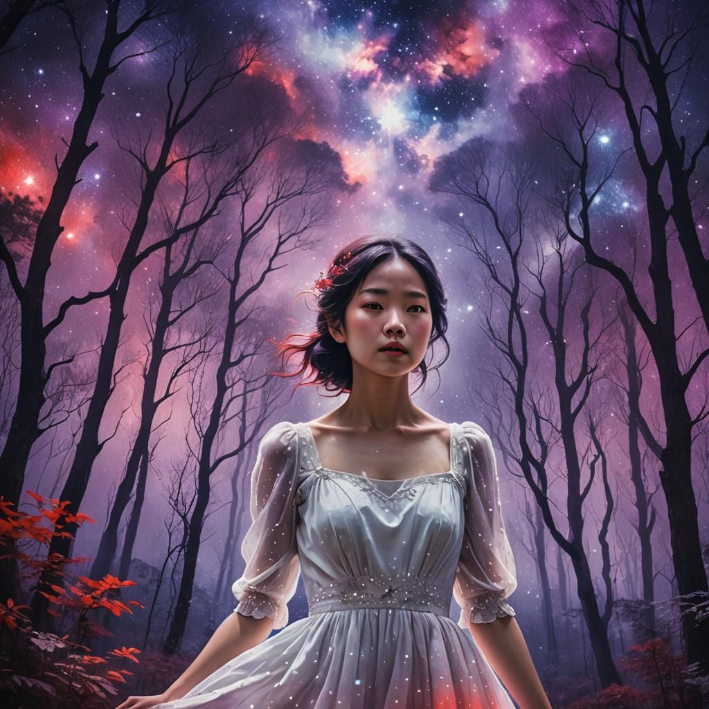 Woman Meditating in Forest Under Nebula, Digital Illustratio...