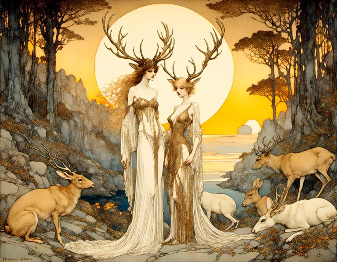 Woman with Antlers in Wooded Glade, Art Nouveau Style