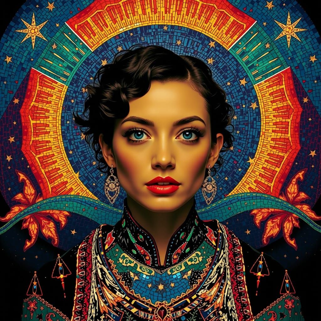Iridescent Mosaic Woman in Starry Night