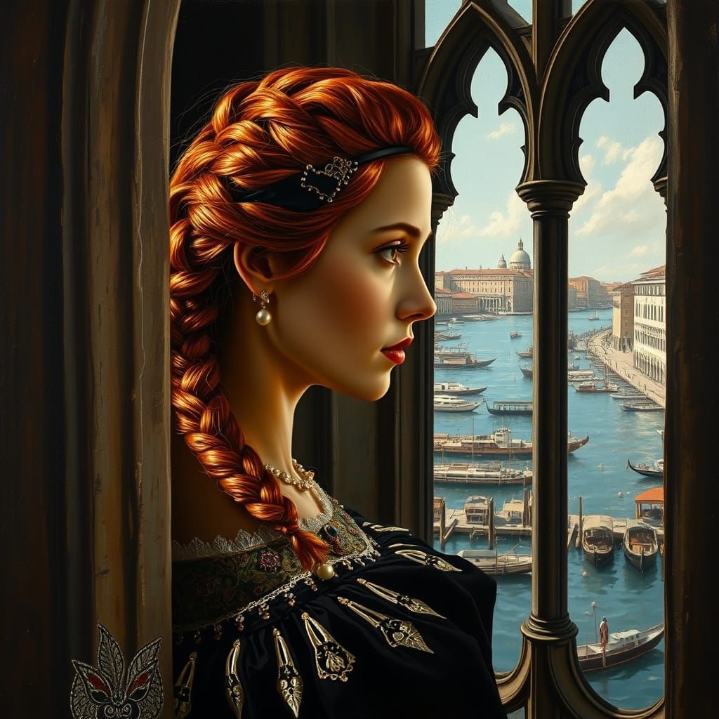 Venetian Princess Overlooks Port in Canaletto Style