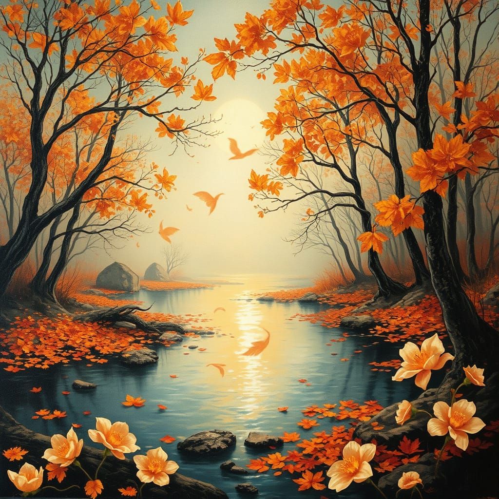 Autumn Equinox River in Suminagashi Style