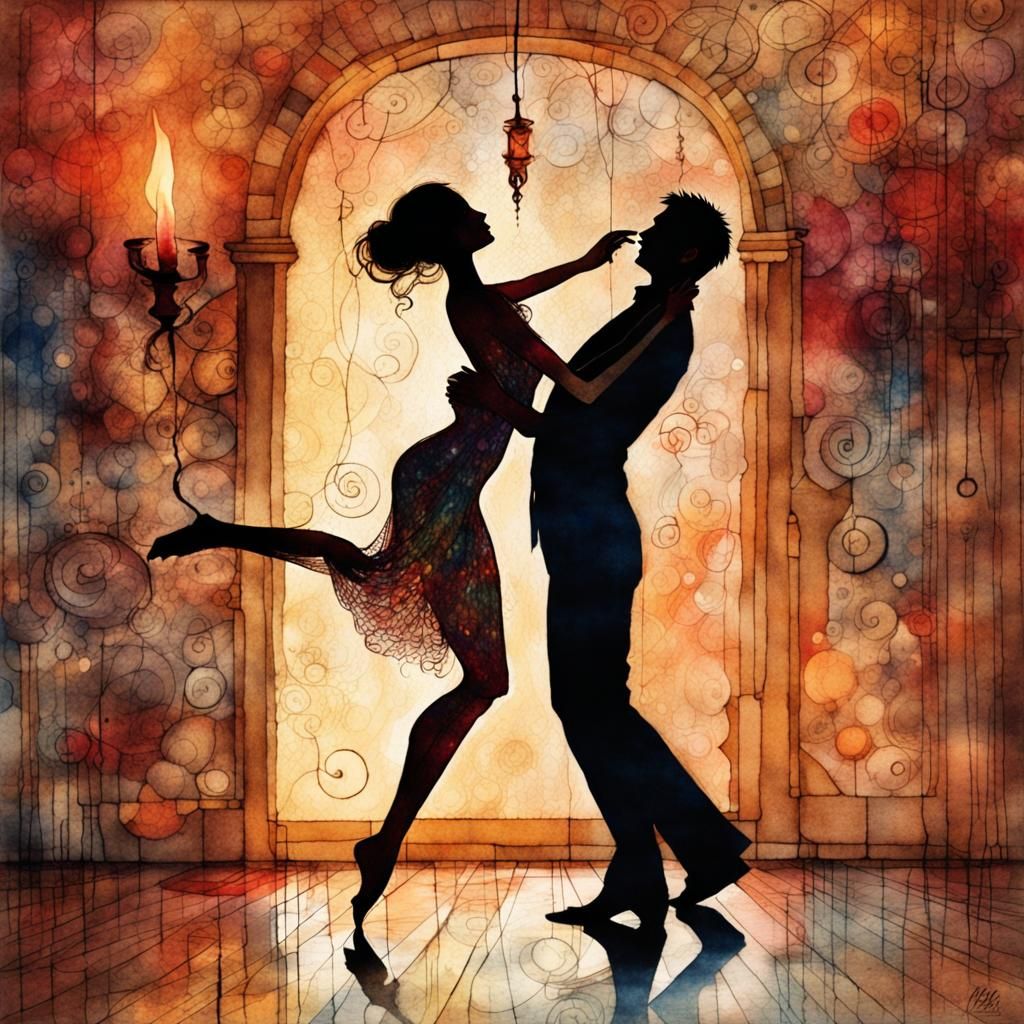 Couple Dancing in Candlelit Room, Art Brut Style