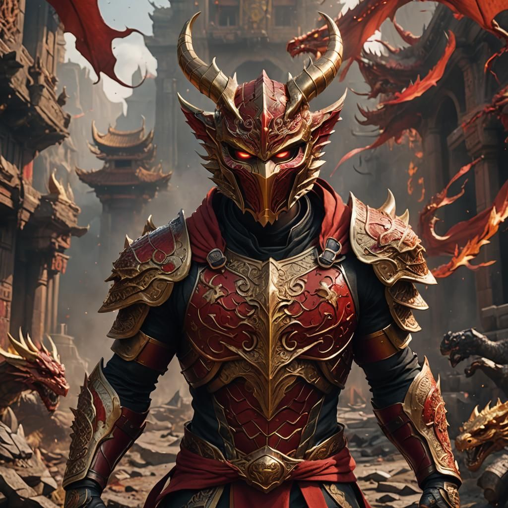 Red and Gold Dragon Mask Warrior: Fantasy Art