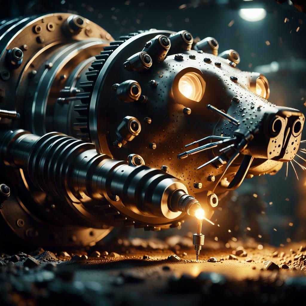Futuristic giant mole in the look of a drill drills undergro...