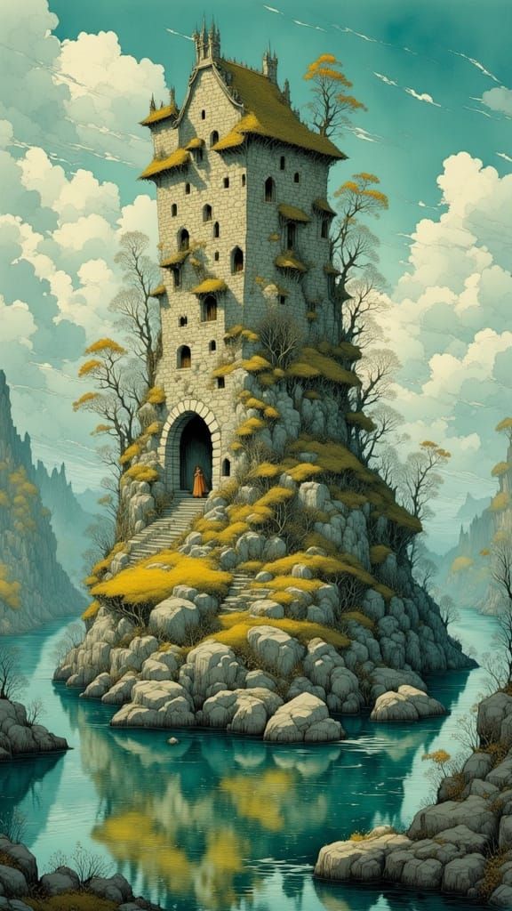 Ethereal Stone Tower on a Secluded Island