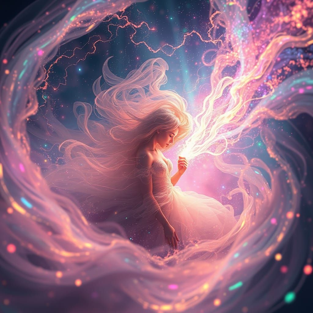 Ethereal Being Amidst Cosmic Whirlwind in Vibrant, Dreamlike...