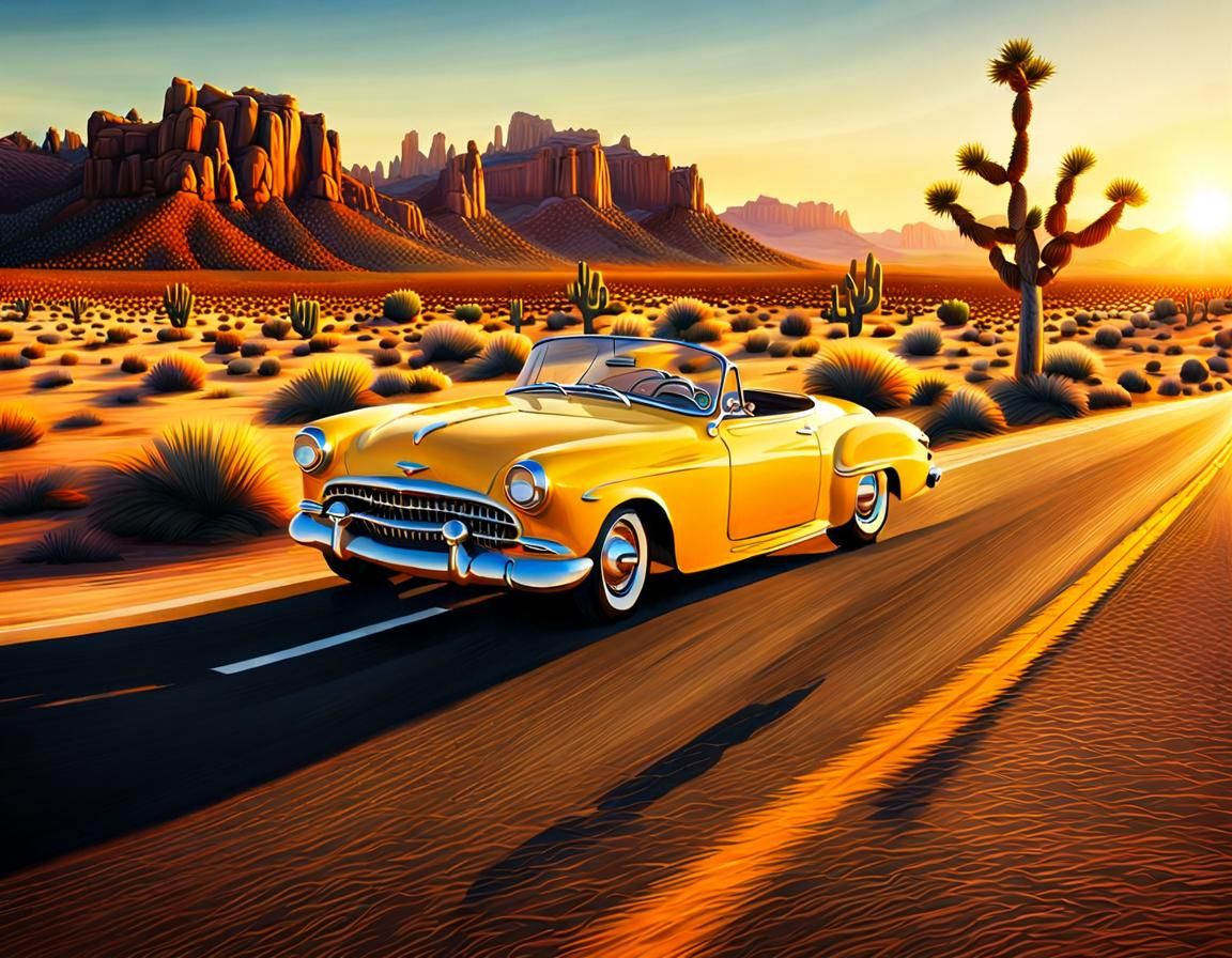Yellow Roadster Drives into Desert Sunset