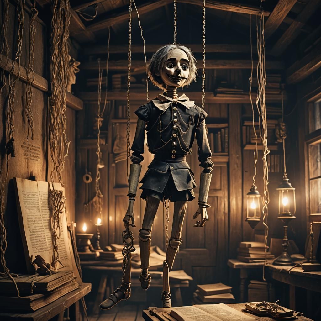 Weathered Marionette in Attic with Silver Threads