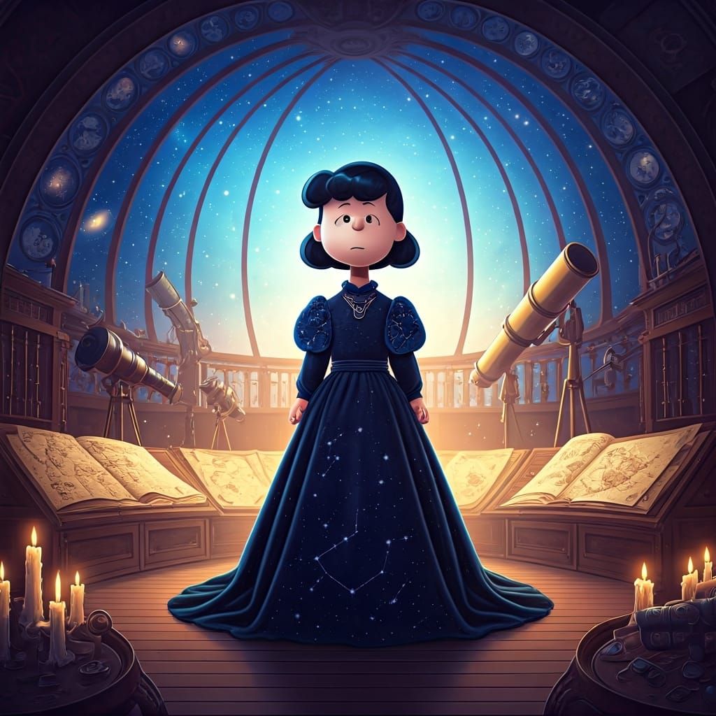 Picture Lucy Van Pelt from Peanuts as a cosmic enchantress, residing in a celestial observatory filled with telescopes a...