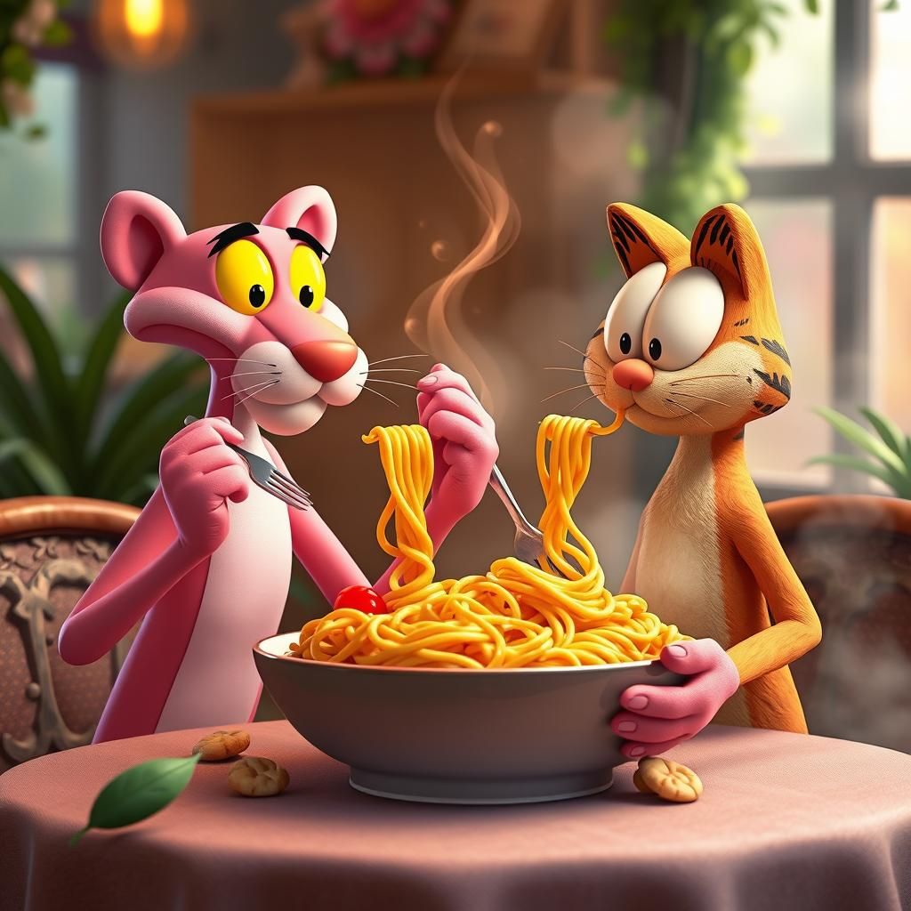 Pink Panther and Garfield Enjoy Pasta, Pixar-Style