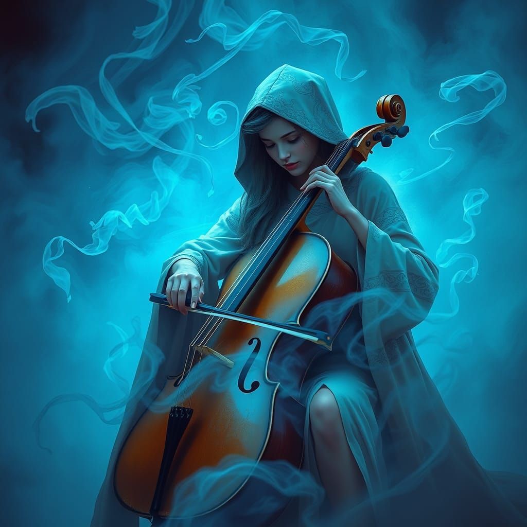 Cellist in Neon Mist: A Digital Painting